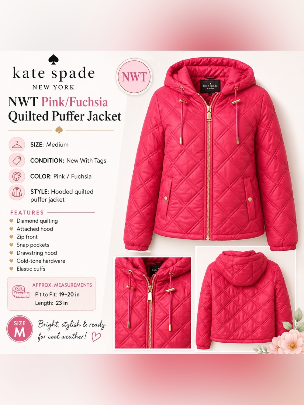 Kate Spade NWT Medium Pink Fuchsia Quilted Puffer Jacket Hooded